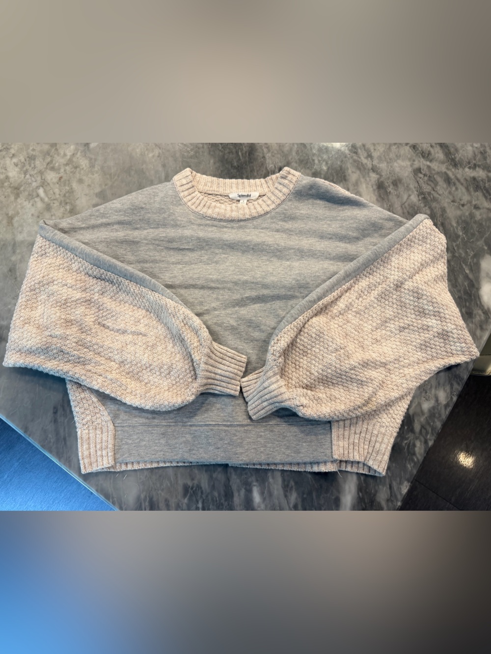 Splendid Jayla Light Gray Crewneck with Cream Textured Balloon Sleeves small